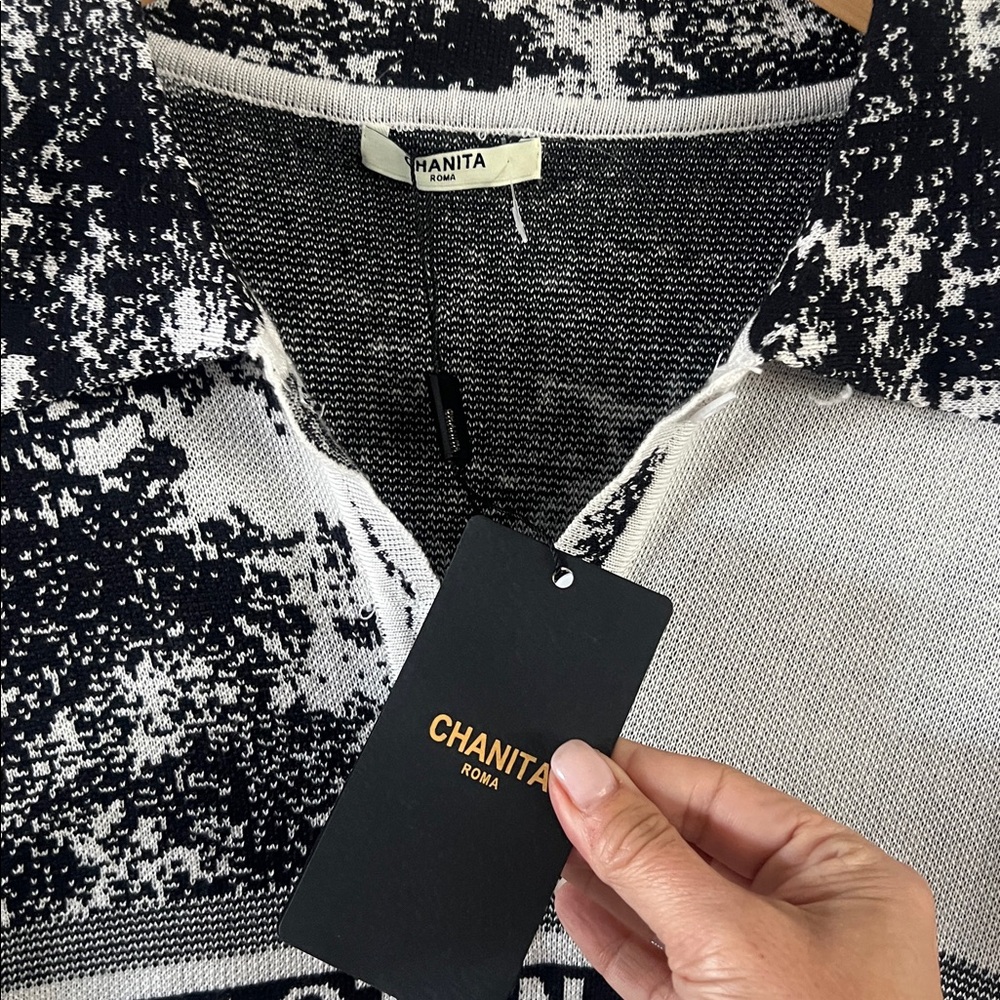 Chanita Roma nwt navy and White Patterned tab collar stretch sweater dress small - Picture 4 of 8